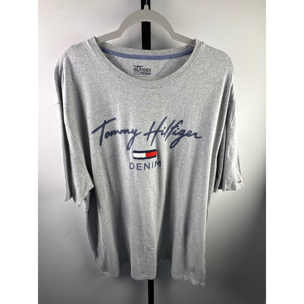 Tommy Hilfiger Denim Vintage Mens XXL Gray Short Sleeve Script Logo T-Shirt